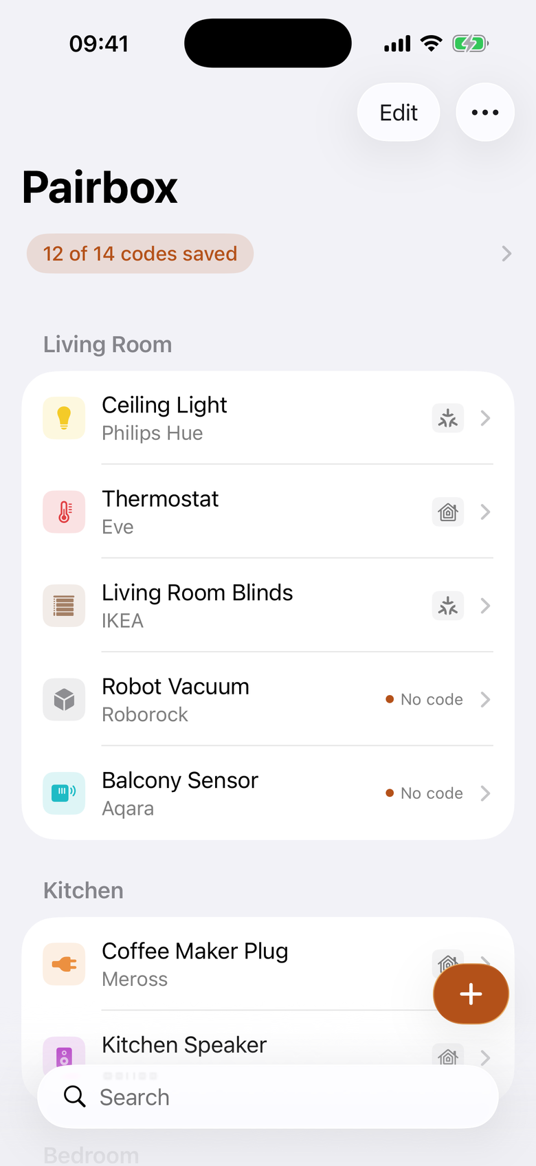 The Pairbox library: devices grouped by room, each showing whether its pairing code is saved