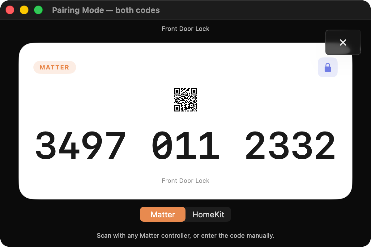 Pairing Mode on the Mac: a large white code card with QR and digits in its own window