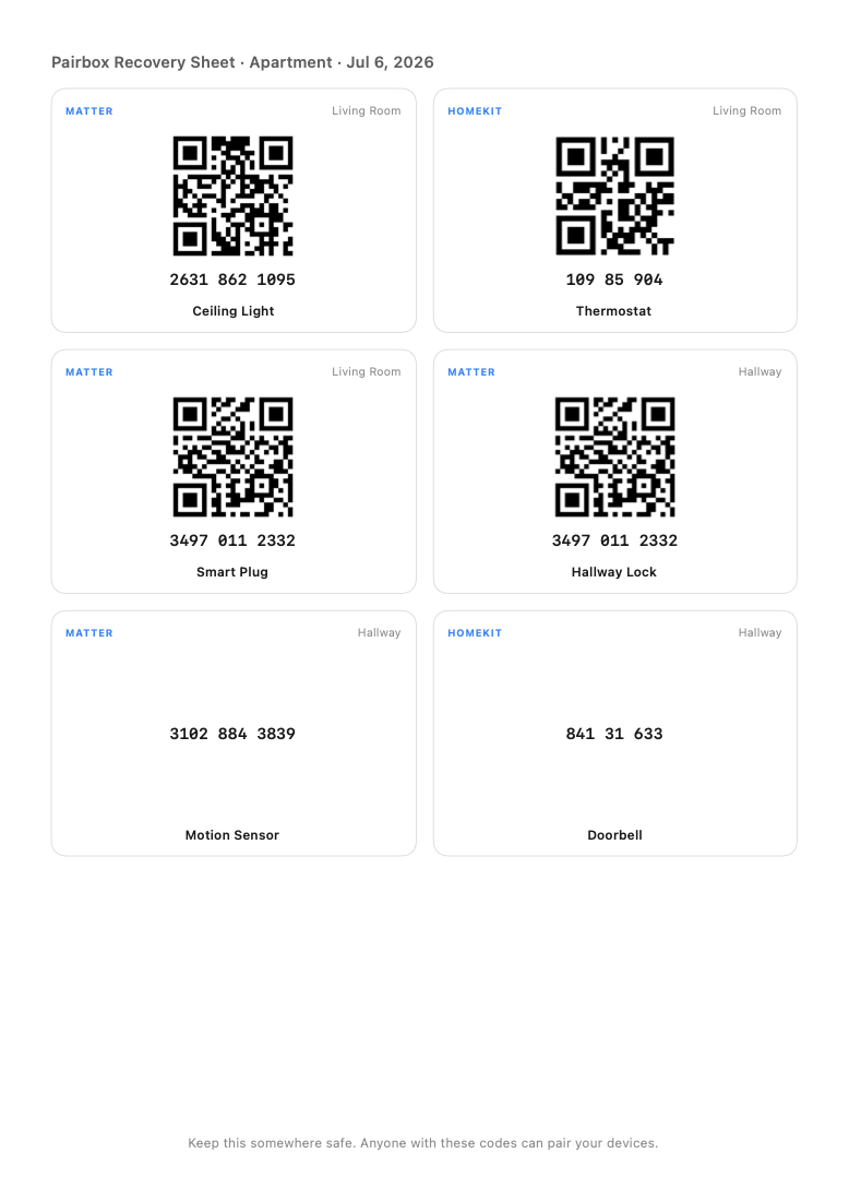 A printed Pairbox Recovery Sheet: a grid of code cards with QR codes, digits, device names and rooms