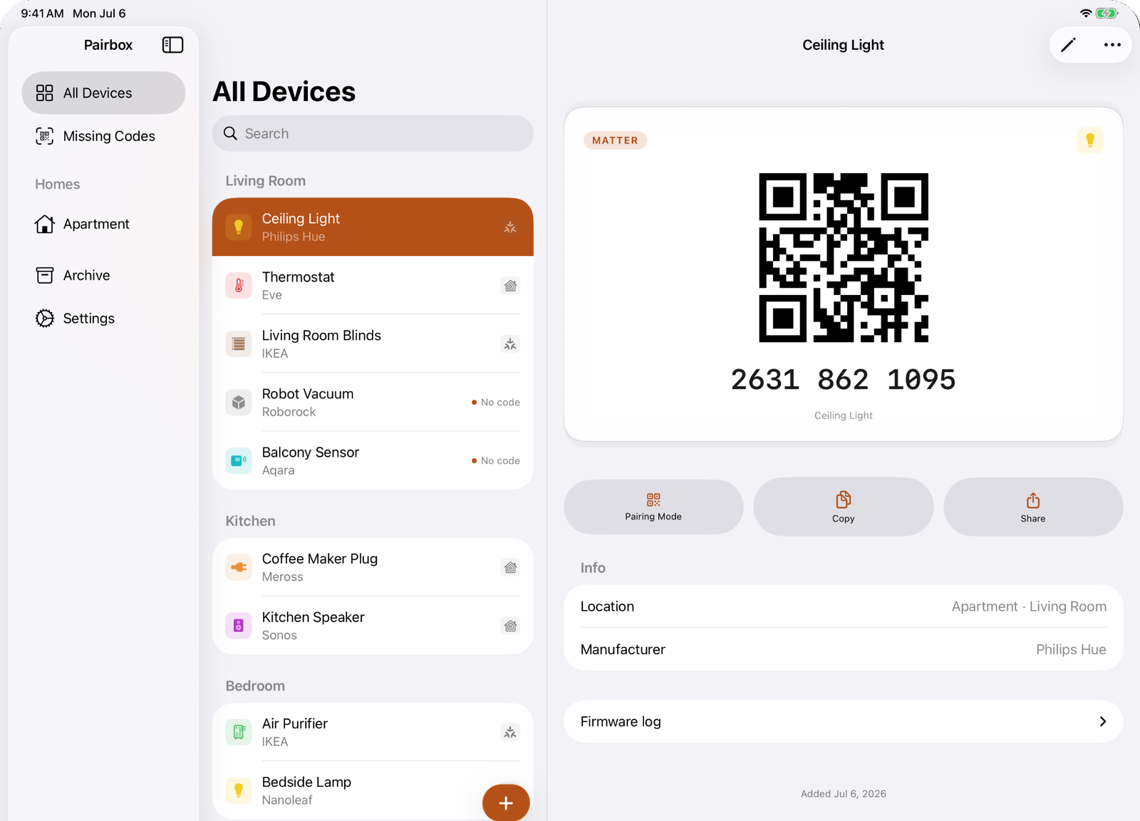 Pairbox on iPad: the same three-column vault with a device's QR code card selected