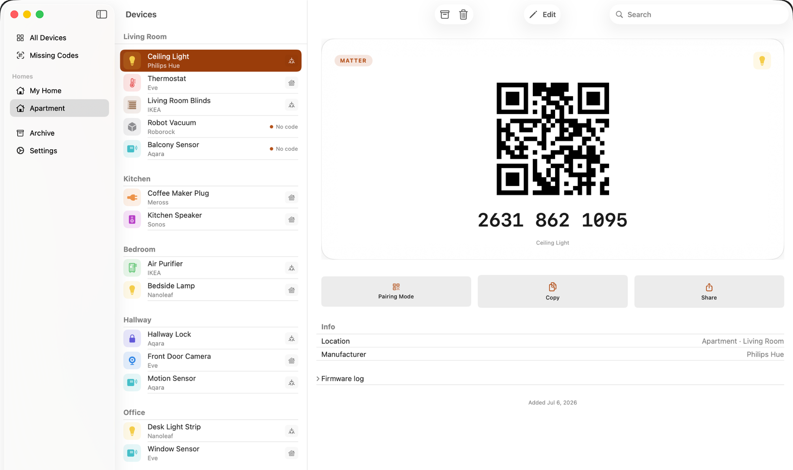 The Pairbox vault on the Mac: sidebar, device list, and a pairing code card in three columns